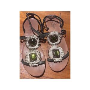 Kate Spade Maribelle Raffia Beige and Green jeweled strappy flat sandals size 8